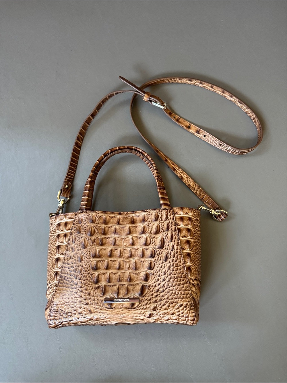 Brahmin Coffee Croc-Embossed Leather Mini Crossbody Tote Bag